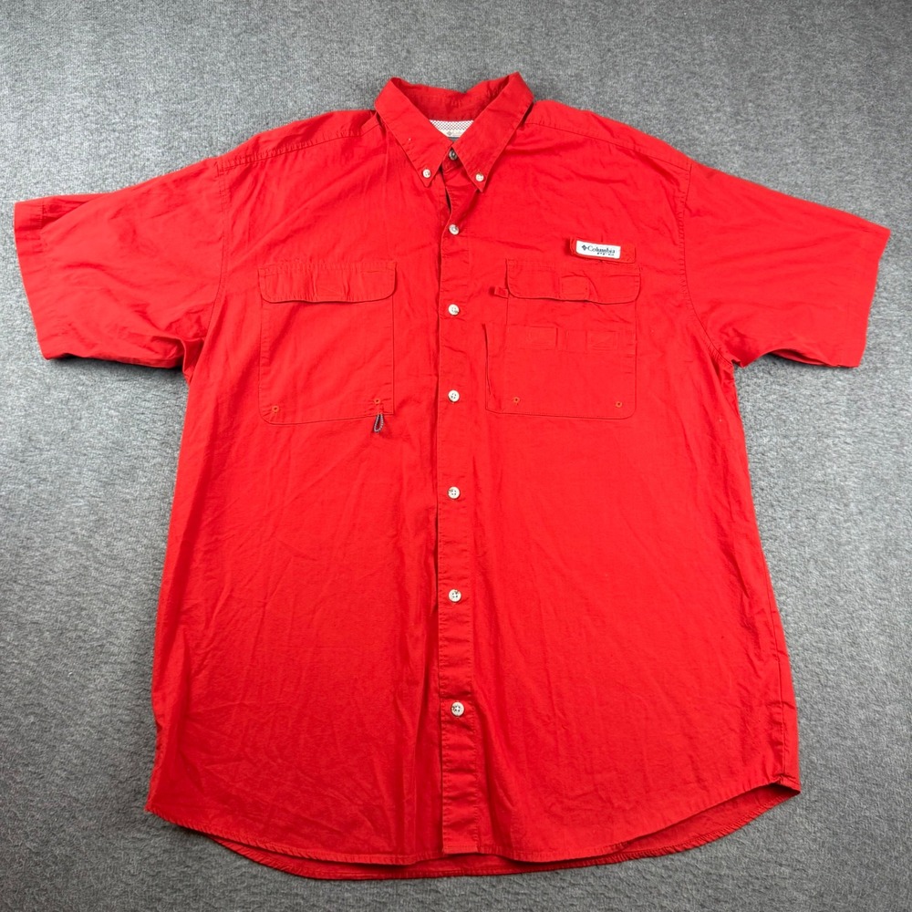 Columbia PFG Fishing Shirt Men's Large Red Short Sleeve Cotton Button Down